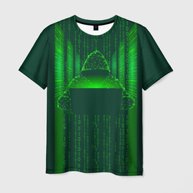 Мужская футболка 3D с принтом Хакер программист неон зеленый в Екатеринбурге, 100% полиэфир | прямой крой, круглый вырез горловины, длина до линии бедер | 