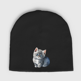 Мужская шапка демисезонная с принтом Милый серый котёнок в Курске,  |  | Тематика изображения на принте: 