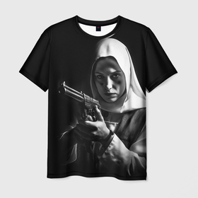 Мужская футболка 3D с принтом Красивая монашка с огромным пистолетом , 100% полиэфир | прямой крой, круглый вырез горловины, длина до линии бедер | 