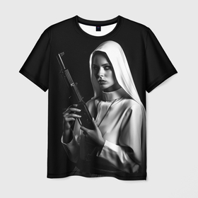 Мужская футболка 3D с принтом Красивая монашка с оружием в Екатеринбурге, 100% полиэфир | прямой крой, круглый вырез горловины, длина до линии бедер | Тематика изображения на принте: 