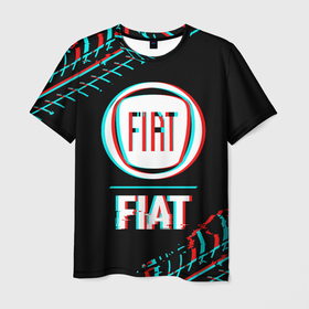 Мужская футболка 3D с принтом Значок Fiat в стиле glitch на темном фоне в Петрозаводске, 100% полиэфир | прямой крой, круглый вырез горловины, длина до линии бедер | 