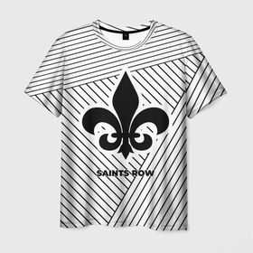 Мужская футболка 3D с принтом Символ Saints Row на светлом фоне с полосами в Тюмени, 100% полиэфир | прямой крой, круглый вырез горловины, длина до линии бедер | 