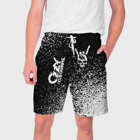 Мужские шорты 3D с принтом Ozzy Osbourne и рок символ на темном фоне в Екатеринбурге,  полиэстер 100% | прямой крой, два кармана без застежек по бокам. Мягкая трикотажная резинка на поясе, внутри которой широкие завязки. Длина чуть выше колен | 