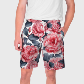 Мужские шорты 3D с принтом цветы и бутоны розы   паттерн ,  полиэстер 100% | прямой крой, два кармана без застежек по бокам. Мягкая трикотажная резинка на поясе, внутри которой широкие завязки. Длина чуть выше колен | 