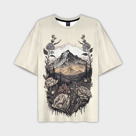 Мужская футболка oversize 3D с принтом поля леса горы  снежные вершины ,  |  | Тематика изображения на принте: 