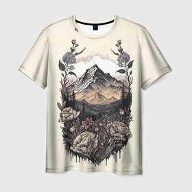Мужская футболка 3D с принтом поля леса горы  снежные вершины , 100% полиэфир | прямой крой, круглый вырез горловины, длина до линии бедер | Тематика изображения на принте: 