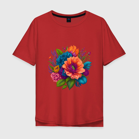 Мужская футболка хлопок Oversize с принтом яркий букет цветов в Санкт-Петербурге, 100% хлопок | свободный крой, круглый ворот, “спинка” длиннее передней части | 