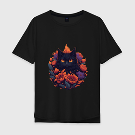 Мужская футболка хлопок Oversize с принтом черный кот в цветочках в Кировске, 100% хлопок | свободный крой, круглый ворот, “спинка” длиннее передней части | 