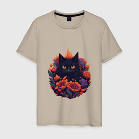 Мужская футболка хлопок с принтом черный кот в цветочках в Кировске, 100% хлопок | прямой крой, круглый вырез горловины, длина до линии бедер, слегка спущенное плечо. | 