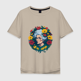 Мужская футболка хлопок Oversize с принтом Модная бабушка в цветах в Екатеринбурге, 100% хлопок | свободный крой, круглый ворот, “спинка” длиннее передней части | 