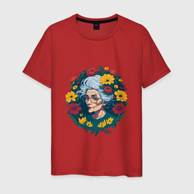 Мужская футболка хлопок с принтом Модная бабушка в цветах в Курске, 100% хлопок | прямой крой, круглый вырез горловины, длина до линии бедер, слегка спущенное плечо. | 