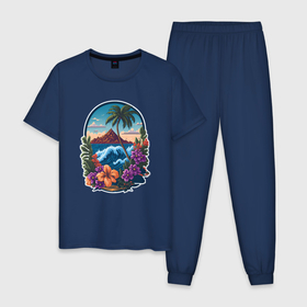 Мужская пижама хлопок с принтом Тропический остров в волнах океана в Санкт-Петербурге, 100% хлопок | брюки и футболка прямого кроя, без карманов, на брюках мягкая резинка на поясе и по низу штанин
 | 
