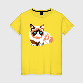 Женская футболка хлопок с принтом Совсем не довольный кот в Петрозаводске, 100% хлопок | прямой крой, круглый вырез горловины, длина до линии бедер, слегка спущенное плечо | 