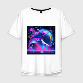 Мужская футболка хлопок Oversize с принтом Аниме дельфин в неоне в Санкт-Петербурге, 100% хлопок | свободный крой, круглый ворот, “спинка” длиннее передней части | Тематика изображения на принте: 