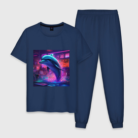 Мужская пижама хлопок с принтом Дельфин в неоновом свете в Санкт-Петербурге, 100% хлопок | брюки и футболка прямого кроя, без карманов, на брюках мягкая резинка на поясе и по низу штанин
 | 
