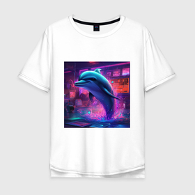 Мужская футболка хлопок Oversize с принтом Дельфин в неоновом свете в Петрозаводске, 100% хлопок | свободный крой, круглый ворот, “спинка” длиннее передней части | Тематика изображения на принте: 