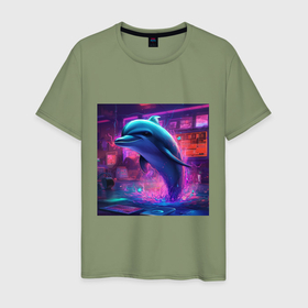 Мужская футболка хлопок с принтом Дельфин в неоновом свете в Санкт-Петербурге, 100% хлопок | прямой крой, круглый вырез горловины, длина до линии бедер, слегка спущенное плечо. | 