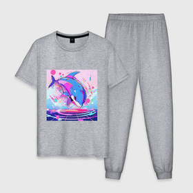 Мужская пижама хлопок с принтом Аниме кибер дельфин в Санкт-Петербурге, 100% хлопок | брюки и футболка прямого кроя, без карманов, на брюках мягкая резинка на поясе и по низу штанин
 | 