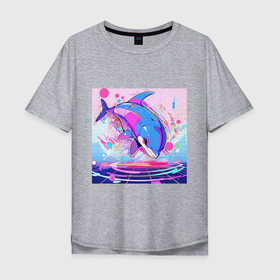Мужская футболка хлопок Oversize с принтом Аниме кибер дельфин в Санкт-Петербурге, 100% хлопок | свободный крой, круглый ворот, “спинка” длиннее передней части | Тематика изображения на принте: 