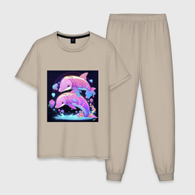 Мужская пижама хлопок с принтом Розовые аниме кибер дельфины в Санкт-Петербурге, 100% хлопок | брюки и футболка прямого кроя, без карманов, на брюках мягкая резинка на поясе и по низу штанин
 | Тематика изображения на принте: 