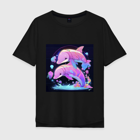 Мужская футболка хлопок Oversize с принтом Розовые аниме кибер дельфины в Санкт-Петербурге, 100% хлопок | свободный крой, круглый ворот, “спинка” длиннее передней части | Тематика изображения на принте: 