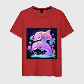 Мужская футболка хлопок с принтом Розовые аниме кибер дельфины в Белгороде, 100% хлопок | прямой крой, круглый вырез горловины, длина до линии бедер, слегка спущенное плечо. | 