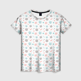 Женская футболка 3D с принтом Влюбленные коты с сердцами паттерн в Санкт-Петербурге, 100% полиэфир ( синтетическое хлопкоподобное полотно) | прямой крой, круглый вырез горловины, длина до линии бедер | 