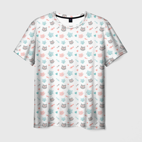 Мужская футболка 3D с принтом Влюбленные коты с сердцами паттерн в Белгороде, 100% полиэфир | прямой крой, круглый вырез горловины, длина до линии бедер | 