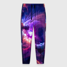 Мужские брюки 3D с принтом Небула в космосе в фиолетовых тонах   нейронная сеть в Белгороде, 100% полиэстер | манжеты по низу, эластичный пояс регулируется шнурком, по бокам два кармана без застежек, внутренняя часть кармана из мелкой сетки | 