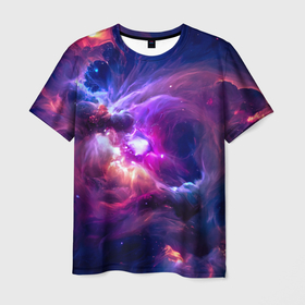 Мужская футболка 3D с принтом Небула в космосе в фиолетовых тонах   нейронная сеть в Курске, 100% полиэфир | прямой крой, круглый вырез горловины, длина до линии бедер | 