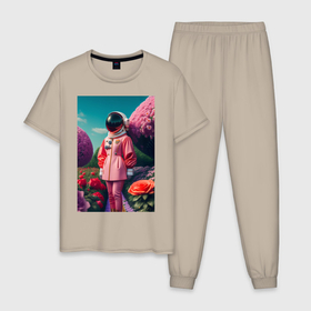 Мужская пижама хлопок с принтом Девушка астронавт высокой моды в саду с цветами в Санкт-Петербурге, 100% хлопок | брюки и футболка прямого кроя, без карманов, на брюках мягкая резинка на поясе и по низу штанин
 | 