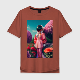 Мужская футболка хлопок Oversize с принтом Девушка астронавт высокой моды в саду с цветами в Белгороде, 100% хлопок | свободный крой, круглый ворот, “спинка” длиннее передней части | 