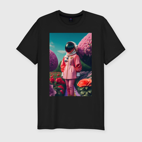 Мужская футболка хлопок Slim с принтом Девушка астронавт высокой моды в саду с цветами в Курске, 92% хлопок, 8% лайкра | приталенный силуэт, круглый вырез ворота, длина до линии бедра, короткий рукав | 