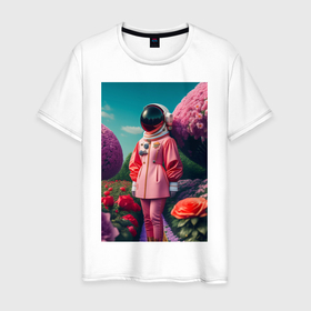 Мужская футболка хлопок с принтом Девушка астронавт высокой моды в саду с цветами в Белгороде, 100% хлопок | прямой крой, круглый вырез горловины, длина до линии бедер, слегка спущенное плечо. | 