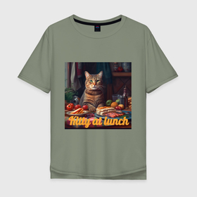 Мужская футболка хлопок Oversize с принтом Kitty at lunch в Кировске, 100% хлопок | свободный крой, круглый ворот, “спинка” длиннее передней части | 