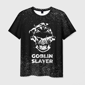 Мужская футболка 3D с принтом Goblin Slayer с потертостями на темном фоне в Петрозаводске, 100% полиэфир | прямой крой, круглый вырез горловины, длина до линии бедер | Тематика изображения на принте: 