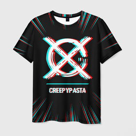 Мужская футболка 3D с принтом Символ CreepyPasta в стиле glitch на темном фоне в Санкт-Петербурге, 100% полиэфир | прямой крой, круглый вырез горловины, длина до линии бедер | 