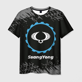 Мужская футболка 3D с принтом SsangYong в стиле Top Gear со следами шин на фоне в Белгороде, 100% полиэфир | прямой крой, круглый вырез горловины, длина до линии бедер | 