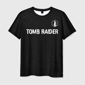 Мужская футболка 3D с принтом Tomb Raider glitch на темном фоне: символ сверху в Тюмени, 100% полиэфир | прямой крой, круглый вырез горловины, длина до линии бедер | 