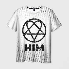 Мужская футболка 3D с принтом HIM с потертостями на светлом фоне в Курске, 100% полиэфир | прямой крой, круглый вырез горловины, длина до линии бедер | 