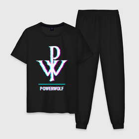 Мужская пижама хлопок с принтом Powerwolf glitch rock в Екатеринбурге, 100% хлопок | брюки и футболка прямого кроя, без карманов, на брюках мягкая резинка на поясе и по низу штанин
 | 