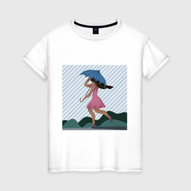 Женская футболка хлопок с принтом Девушка с зонтиком, бегущая под дождем в Новосибирске, 100% хлопок | прямой крой, круглый вырез горловины, длина до линии бедер, слегка спущенное плечо | 
