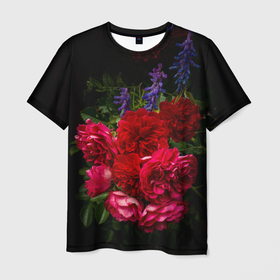Мужская футболка 3D с принтом Dark romantic розы и лаванда в Петрозаводске, 100% полиэфир | прямой крой, круглый вырез горловины, длина до линии бедер | 