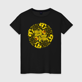 Женская футболка хлопок с принтом Хохломская роспись в виде круга в Тюмени, 100% хлопок | прямой крой, круглый вырез горловины, длина до линии бедер, слегка спущенное плечо | 