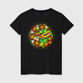 Женская футболка хлопок с принтом Хохломская роспись птица в круге из цветов в Петрозаводске, 100% хлопок | прямой крой, круглый вырез горловины, длина до линии бедер, слегка спущенное плечо | 