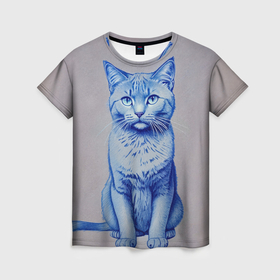 Женская футболка 3D с принтом Нарисованная Кошка в Санкт-Петербурге, 100% полиэфир ( синтетическое хлопкоподобное полотно) | прямой крой, круглый вырез горловины, длина до линии бедер | 