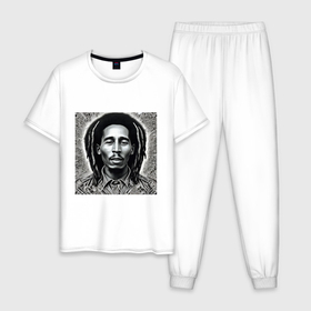 Мужская пижама хлопок с принтом Черно белый  Арт Боб Марли в Тюмени, 100% хлопок | брюки и футболка прямого кроя, без карманов, на брюках мягкая резинка на поясе и по низу штанин
 | 