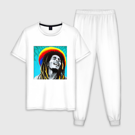 Мужская пижама хлопок с принтом Радуга в голове Боба Марли в Тюмени, 100% хлопок | брюки и футболка прямого кроя, без карманов, на брюках мягкая резинка на поясе и по низу штанин
 | 