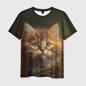 Мужская футболка 3D с принтом Пушистый рыжий котенок в Белгороде, 100% полиэфир | прямой крой, круглый вырез горловины, длина до линии бедер | 