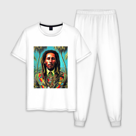 Мужская пижама хлопок с принтом Боб Марли в мундире в Тюмени, 100% хлопок | брюки и футболка прямого кроя, без карманов, на брюках мягкая резинка на поясе и по низу штанин
 | 
